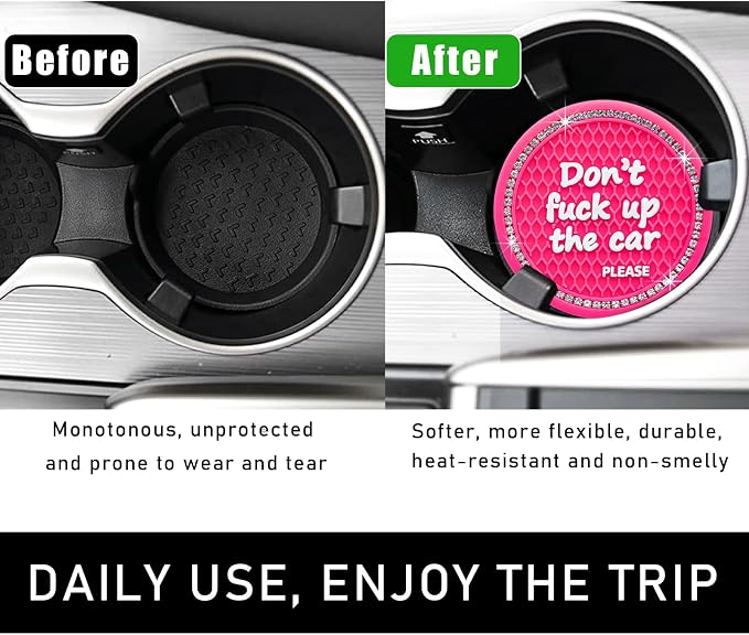 Ohleats Bling Car Cup Coaster, 2.75 Inch Non-Slip Don't Fuck Up My Car Please Cup Holder Insert Coaster, Crystal Rhinestone Auto Drink Cup Mat, Universal Car Accessories (Rose Red-4PCS)