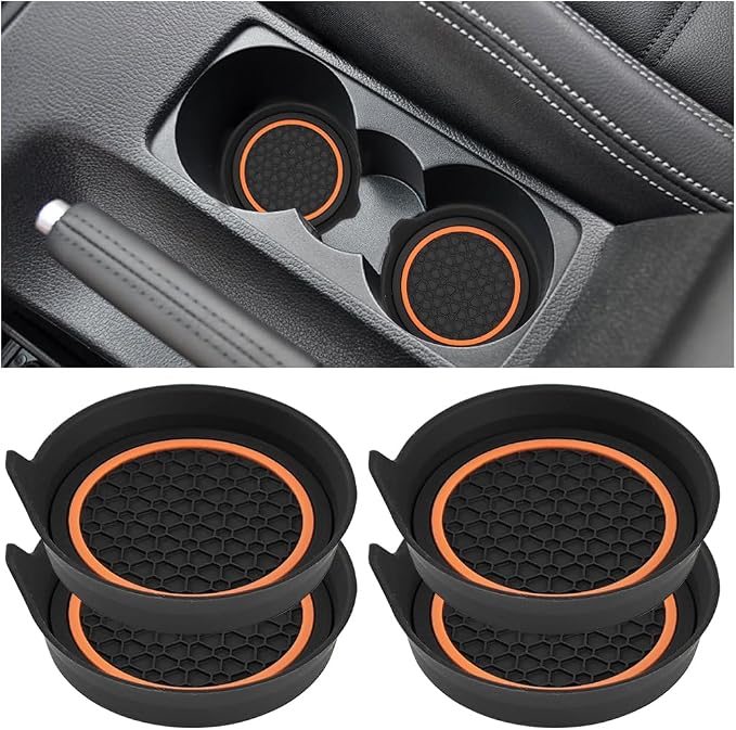 HZEL Car Cup Holder Coasters, 4PCS Non Slip Waterproof Vehicle Water Bottle Pads, Recessed Automotive Interior Drink Mat Decoration Accessories, Universal for SUV Sedan Truck (Orange/Black)