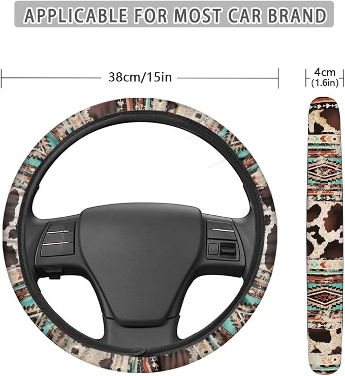 Wanyint Aztec Brown Cow Print Retro Auto Car Steering Wheel Cover for Women Men, Universal 15 Inch Soft Elastic Anti-Slip Easy to Install Car Accessories