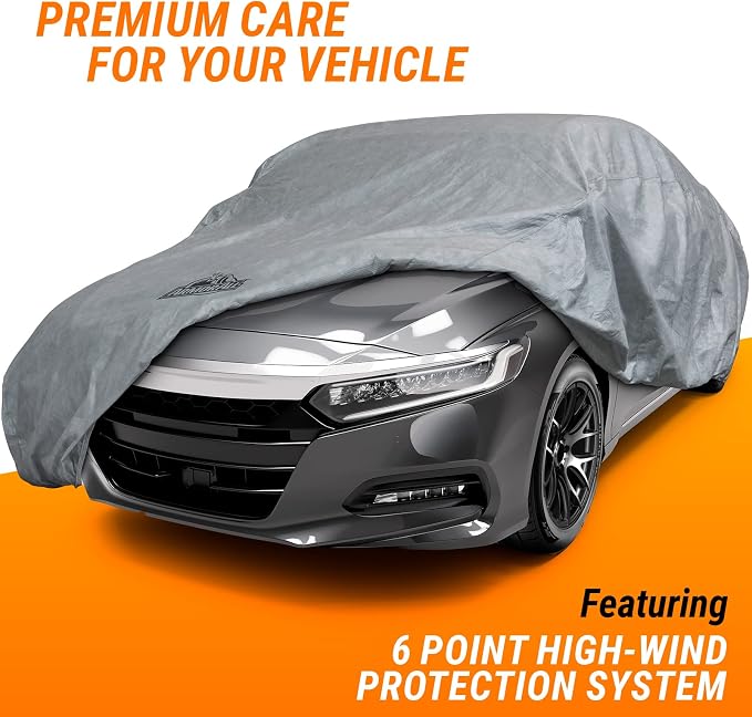 Armor All Car Cover Waterproof All Weather Heavy Duty for Sedan 158"-175" | Scratch-resistant soft lining, 6 secure straps, includes storage bag, works for Sun Rain Snow Hail Outdoor Indoor Protection