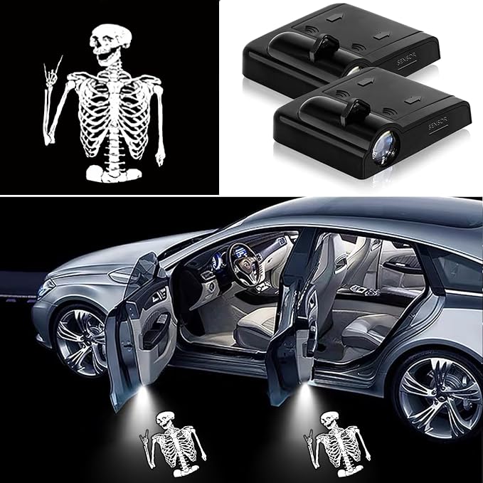 2PCS Car Door Lights,Skeleton Door Lights Logo Projector LED Shadow Welcome Lamp,Skeleton Car Accessories Gifts for Women Men,Suitable for All Vehicles Motorcycle Bike