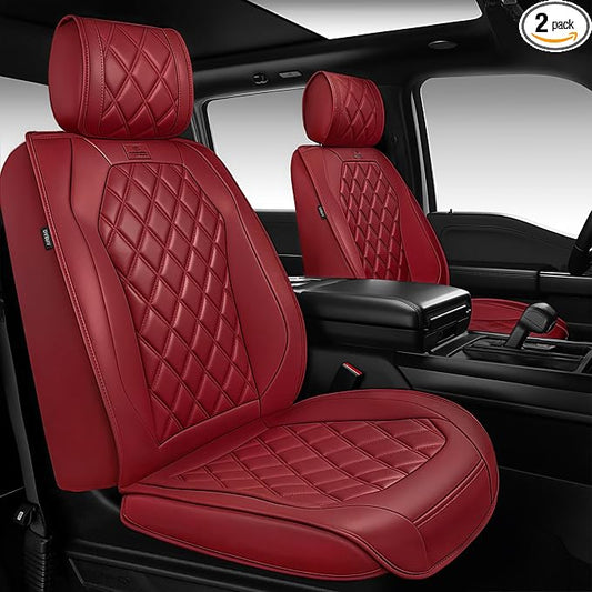 CAR PASS Burgundy Red Luxury Nappa Leather Seat Covers Front, 2 piece | 3D Rhombus Waterproof Leather Front Seat Covers, Universal Automotive Seat Cushion Fit for Sedan SUV Truck, Airbag Compatible