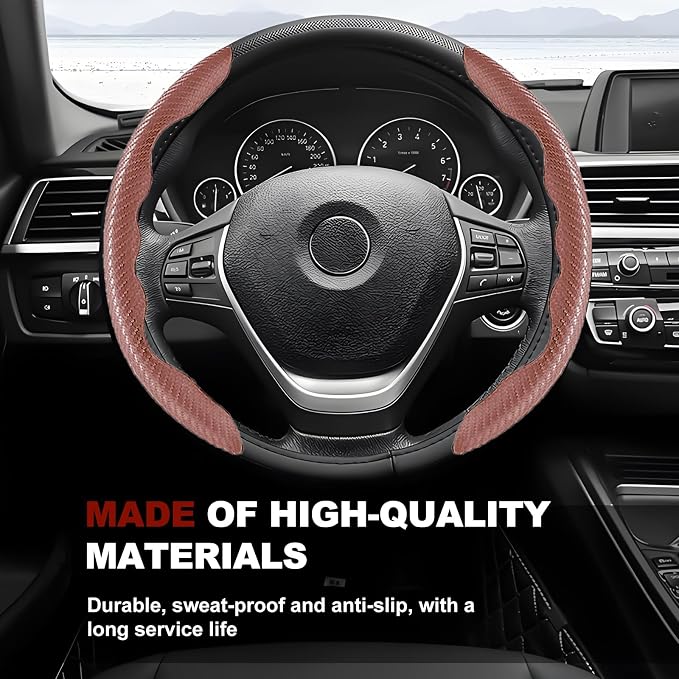 Universal Fit Carbon Fiber Steering Wheel Cover, Segmented Steering Wheel Protector, Carbon Fiber Anti-Skid Steering Wheel Cover Car Interior Accessories (2 Pcs Brown)