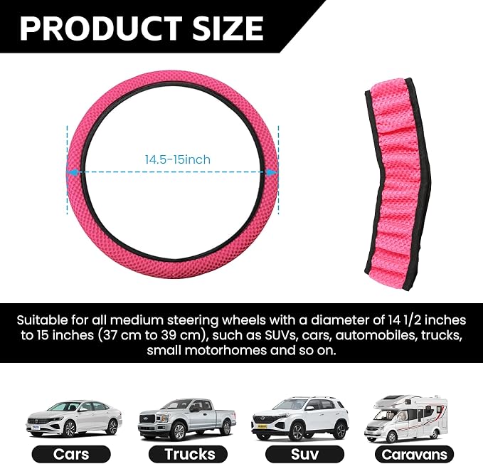 Elastic Stretch Car Steering Wheel Cover, Comfortable Steering Wheel Cover Universal for 14.5-15 Inch, Warm in Winter & Cool in Summer, Anti-Slip Breathable Ice Silk (Rose Red)