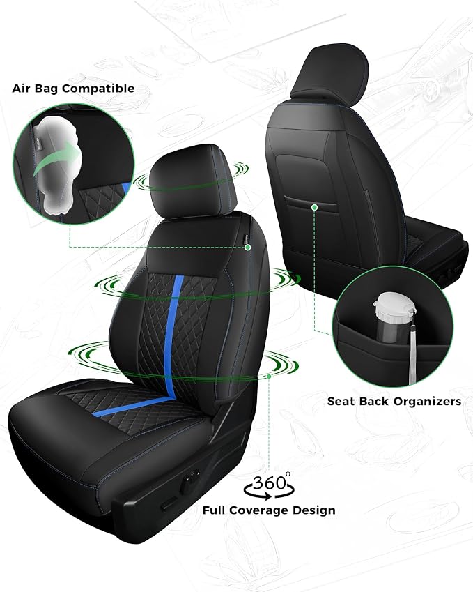 for Ford F150 Leather Seat Covers, SuperCrew XL XLT 2021-2026, F250 F350 F450 Super Duty Crew Cab 2023-2026, Custom Truck Seat Cover Full Set, Pickup Accessories, Black Blue (Bucket Seat)