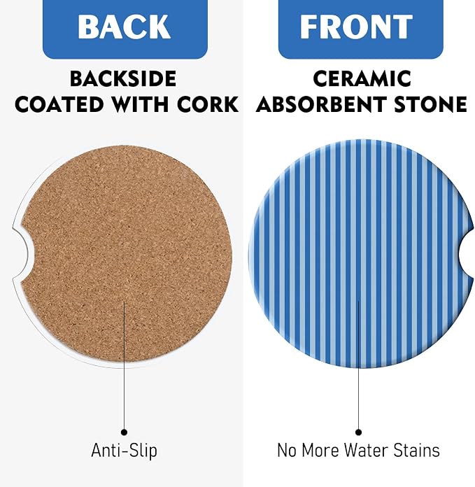 2 Pack Car Coasters for Cup Holders, Absorbent Ceramic Cup Coaster with Cork Base and Finger Notch, Cute Car Accessories Interior for Women Men (Blue Stripes)