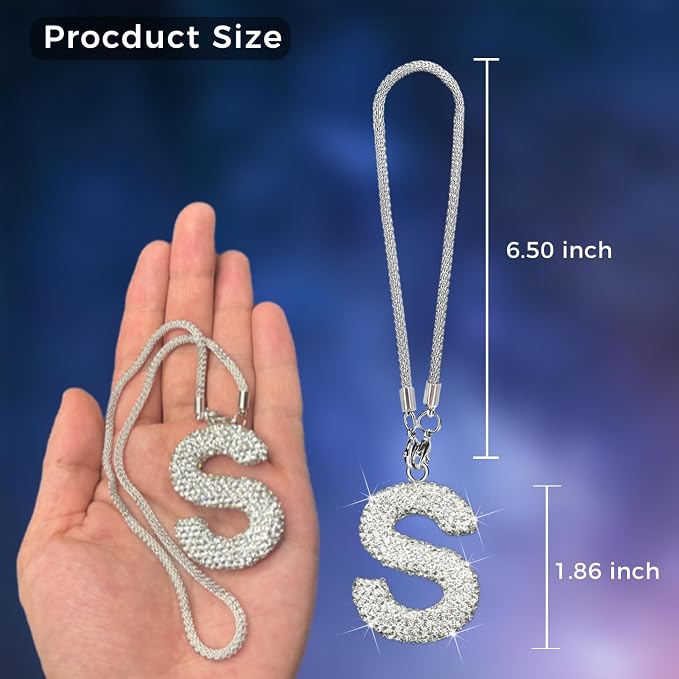 Bling Car Letter Charm, Rear View Mirror Ornament Cute Hanging Crystal Pendant Bling Car Accessories, Lucky Diamond Rhinestone Women Charm Auto Decoration (White S)