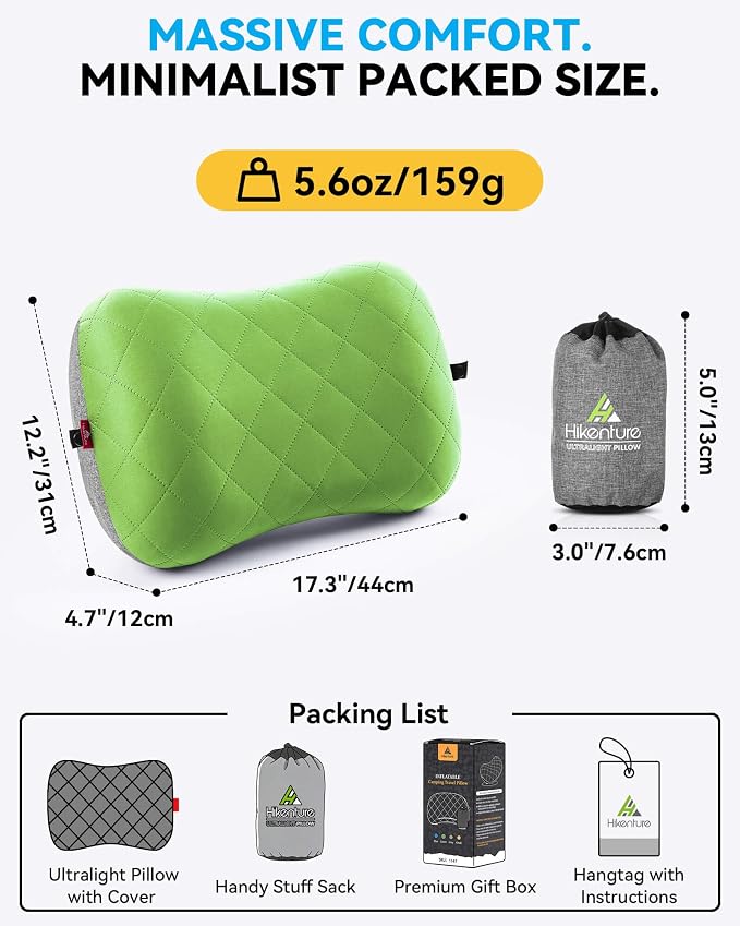 Hikenture Camping Pillow with Removable Cover, Ultralight Inflatable Pillow | Ergonomic Neck Lumber Support, Upgrade Leakproof Backpacking Pillow, Portable Packable for Hiking, Beach, Travel