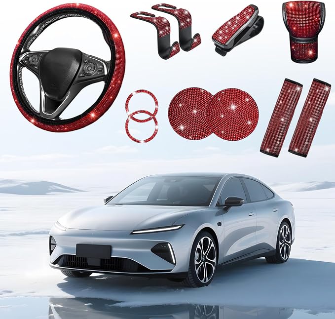 11PCS/Set Bling Car Accessories Set for Women, Rhinestone Vehicle Steering Wheel Cover Seat Belt Cushion Gear Shift Protector Cup Holder Coaster, Universal Automotive Accessories (Red)