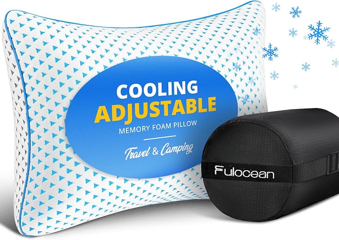 Cooling Shredded Memory Foam Travel & Camping Pillow Large, Adjustable | Compressible, Portable, Medium Firm Neck Knee Back Support, College Dorm Pillow for Home-Like Comfort, Ideal Car Sleeping