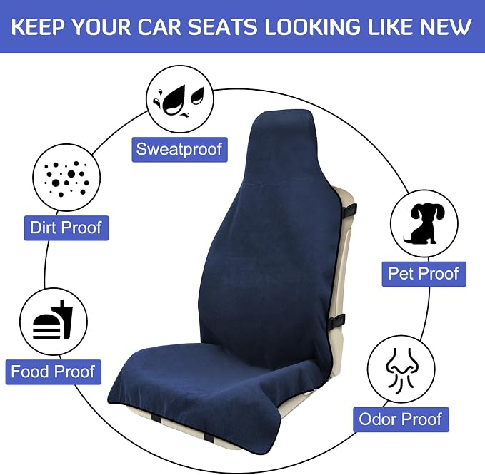 Waterproof Seat Cover Towel, 2PCS Premium Sweat Carseat Protector, Perfect for Universal Anti-Slip Car Truck SUV Seat, Great for Surfing Yoga Gym Workout, Navy Blue