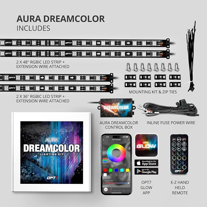 OPT7 Aura DreamColor Underglow Chasing Light Kit with APP & Remote Control | Rainbow Light Effects, RGB-IC LED Strips, 12V Neon Accent Lighting, Waterproof Exterior Underbody Accessories, Universal Fit