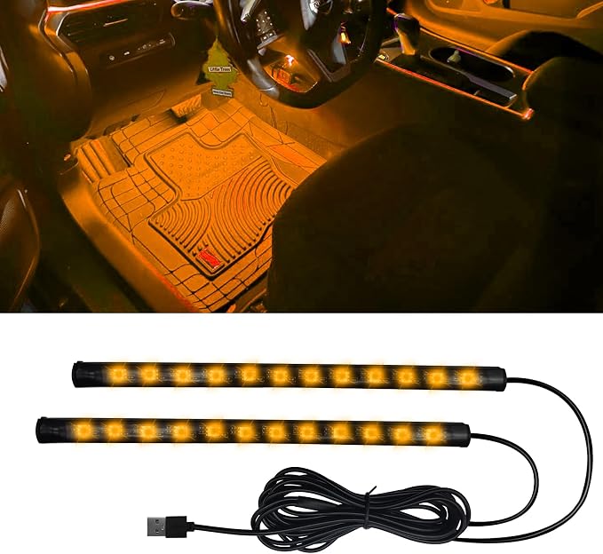 Car LED Strip Light, Car Interior Lights, 12V 24 LED Auto Under Dash Atmosphere Lights with USB Port, Auto Atmosphere Under Dash Lighting Kit for Vehicles (Orange, USB)
