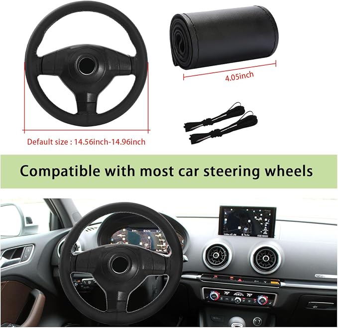 Kewucn Genuine Leather Steering Wheel Cover, 15" Universal Car Steering Wheel Protector with Needle Thread, Breathable Anti-Slip Steering Wheel Cover DIY Stitch on Wrap (Black, Glossy)