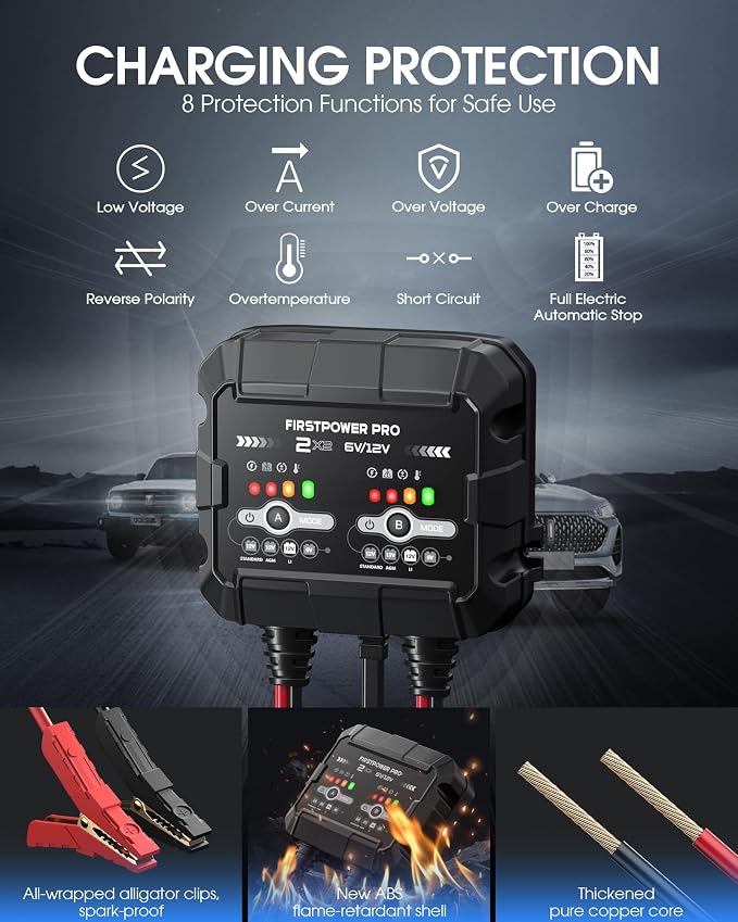 2-Bank, 4A (2A/Bank) Trickle Charger for Car Battery, 12V 6V Car Battery Charger, Automotive Battery Trickle Charger, Maintainer, for Motorcycle Lawn Mower AGM, Lithium Batteries