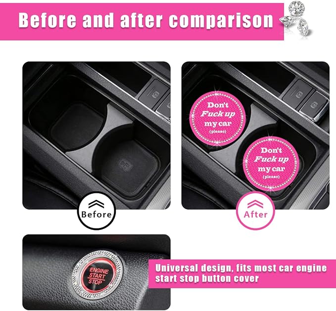 Ziciner 2 Pack Bling Car Cup Holder Coasters with Start Stop Button Cover, 2.75 inch Crystal Rhinestone Soft Rubber Auto Cup Insert Pad, Non-Slip Universal Vehicle Interior Accessories (Rose Red)