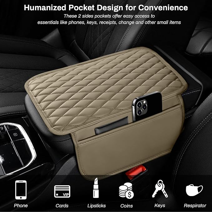 Ouzorp Car Center Console Cover Upgraded Microfiber Leather Car Arm Rest Cover with 2 Storage Bags Universal Armrest Cover for Car Storage Box Car Interior Accessories Protector for Most Vehicle-Beige