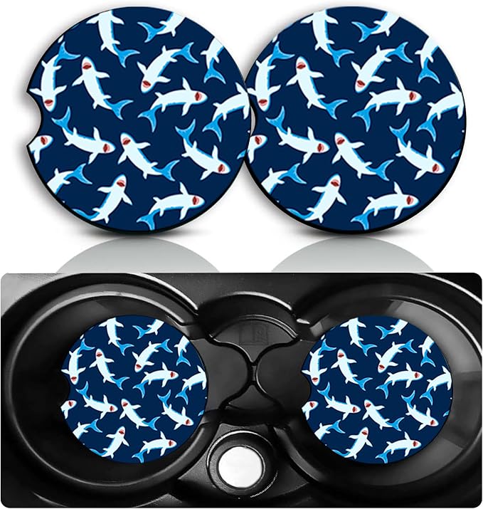Shark Car Cup Holder Coasters Set of 2 – Fun Shark Car Accessories 2.75" Universal Size Anti Slip Rubber Mat Recessed Auto Insert Coasters Decor Sharks Gifts for Women Men Dad Grandpa