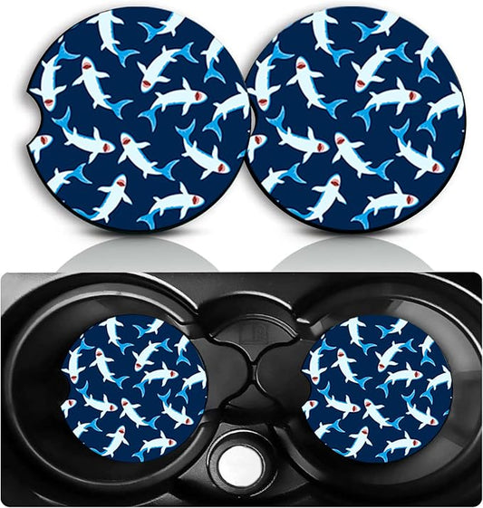 Shark Car Cup Holder Coasters Set of 2 – Fun Shark Car Accessories 2.75" Universal Size Anti Slip Rubber Mat Recessed Auto Insert Coasters Decor Sharks Gifts for Women Men Dad Grandpa