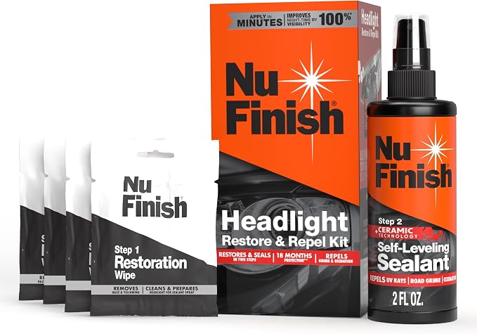 Nu Finish Headlight Restore and Repel – 2-Step Car Headlight Restoration Kit with 4 Restorer Wipes and Ceramic Sealant Spray, Head Light Restoring Kit