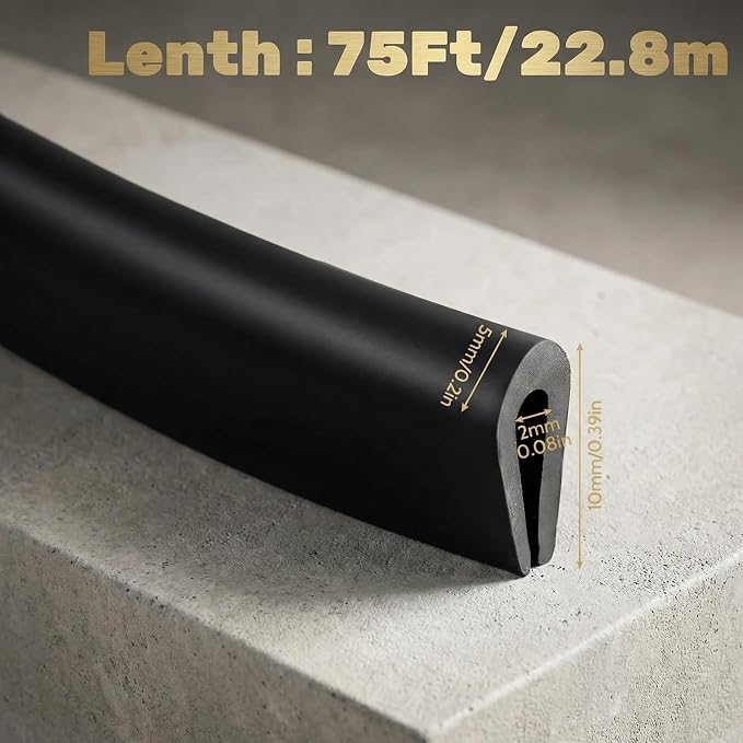 Rubber U Channel Edge Trim, Door Seal Strip, Fits Edge up to 1/16 Inch (1. 6mm) U Shape Weather Stripping(75 Feet,Black)
