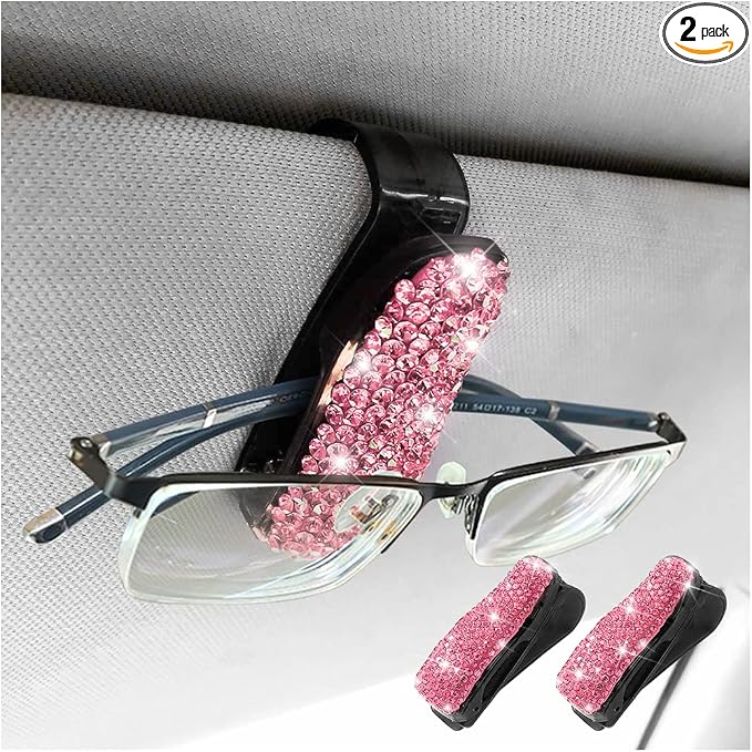 Moly Magnolia Bling Car Glasses Holder, 2PCS Handcrafted Crystal Rhinestones Fashion Car Sunglasses Mount with Card Clip for All Sun Visors, Auto Interior Accessories for Women Girl (Pink)