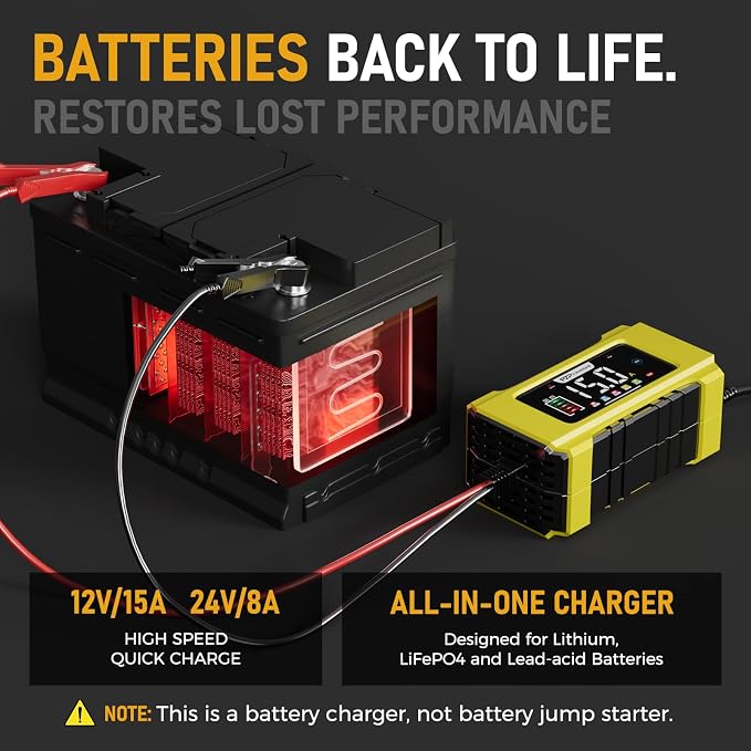 PZP 15-Amp 12V/24V Smart Battery Charger, Maintainer & Trickle Charger for LiFePO4, Lead Acid Batteries - Fully Automatic 9-Stage Charging w/Temp Compensation for Motorcycle Car Truck Lawnmower Boat