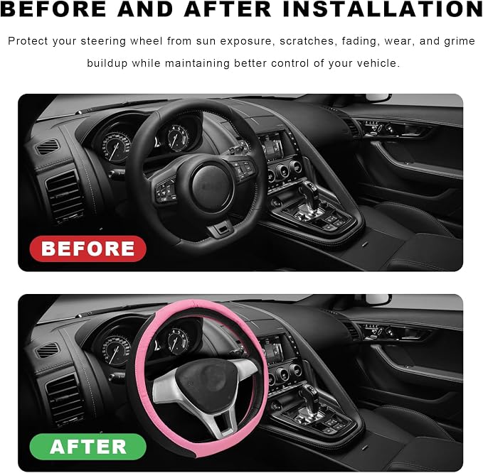 Sun Walker Steering Wheel Cover, Breathable Leather Steering Wheel Covers with Perforated Sides, Anti-Slip Comfortable Grip Auto Sleeve for 14.5-15 Inch Wheels, Car Accessories (Pink)