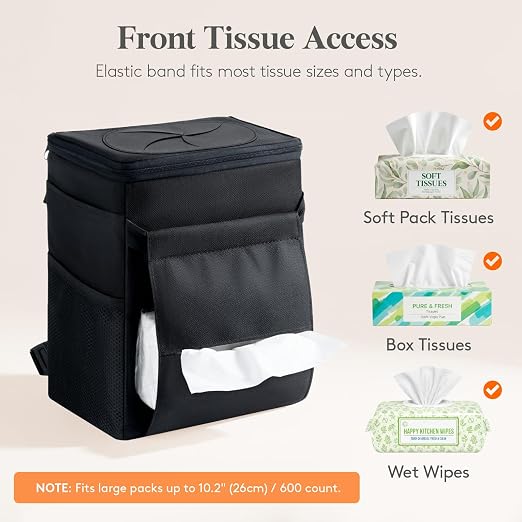 Lifewit Car Trash Bin, 2 Gallon Leakproof Waterproof Vehicle Garbage Can with Lid & Tissue Holder, Car Interior Organizer for Front/Back/Console, Automotive Accessory, Black