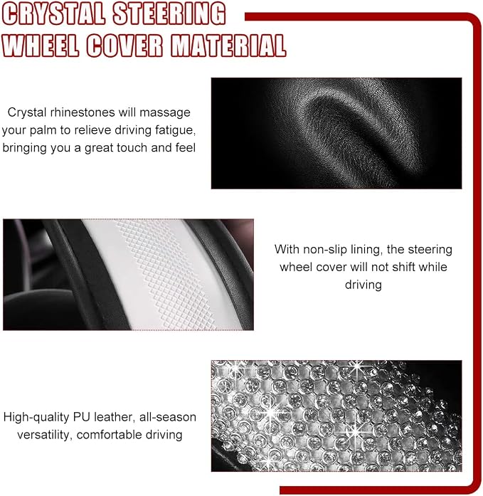povtii Bling Car Steering Wheel Cover, Sparkling Crystal Rhinestone Auto Wheel Protector, Anti Slip Cover Fit 15 Inch Steering Wheel for Women Girls, Universal Car Accessories (White+Purple)