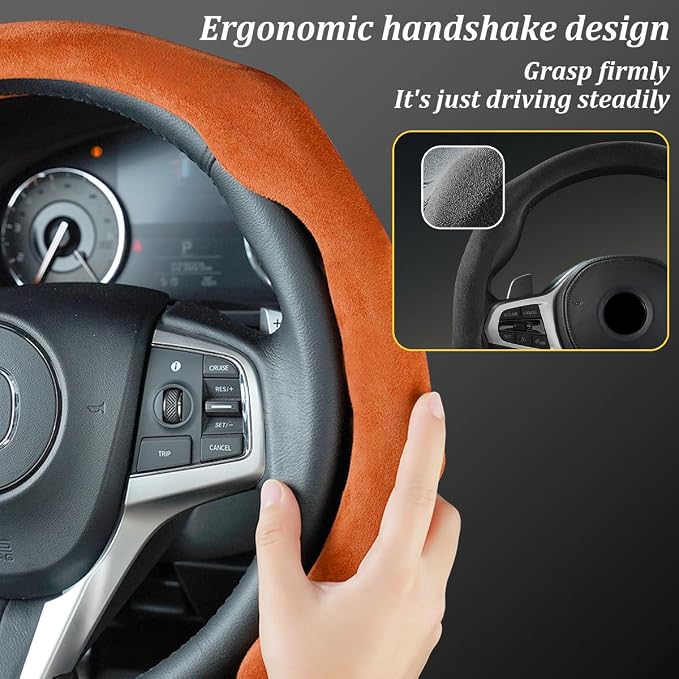 Car Steering Wheel Cover, Soft Brethable Suede Non-Slip Vehicle Steering Wheel Protector, Comfortable Sporty Auto Interior Protection Accessories, Universal for Truck SUV Van (Orange)