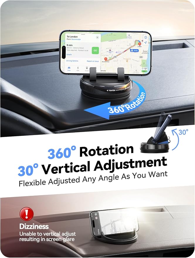 JOYROOM Car Phone Holder Mount, [360° Rotation+Thick Case Friendly] Cell Phone Car Mount with Adjustable Spring Clip, Universal Dashboard Phone Holder Anti-Slip Silicone for iPhone (Black)