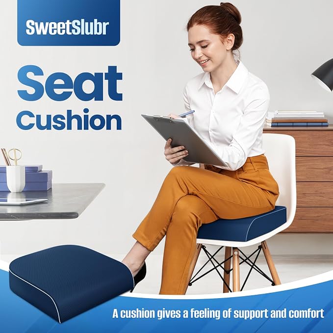 SweetSlubr Seat Cushion for Tailbone Pain Relief, Office Chair Cushion, Memory Foam Large Chair Pad with Non-Slip Cover for Soft Support at Office Chair, Car Seat, Airplane Drak Blue/2X-Large