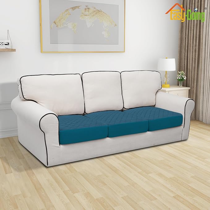 Easy-Going Waterproof Couch Cushion Covers, Non-Slip Leakproof Sofa Seat Cushion Slipcovers, Quilted and Stretch Furniture Protector for Dogs, Pets (3-Piece Sofa Cushion, Peacock Blue)