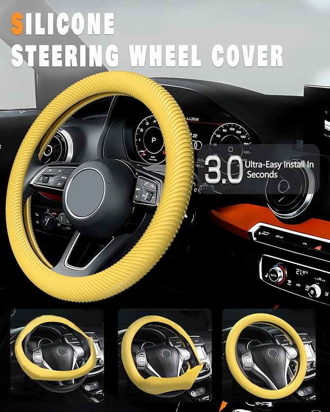 WOCOCN Car Steering Wheel Cover, Thin Anti-Skid Silicone Steering Wheel Cover for Men & Women, Universal Automotive Interior Accessories for Most Cars (Bright Yellow)