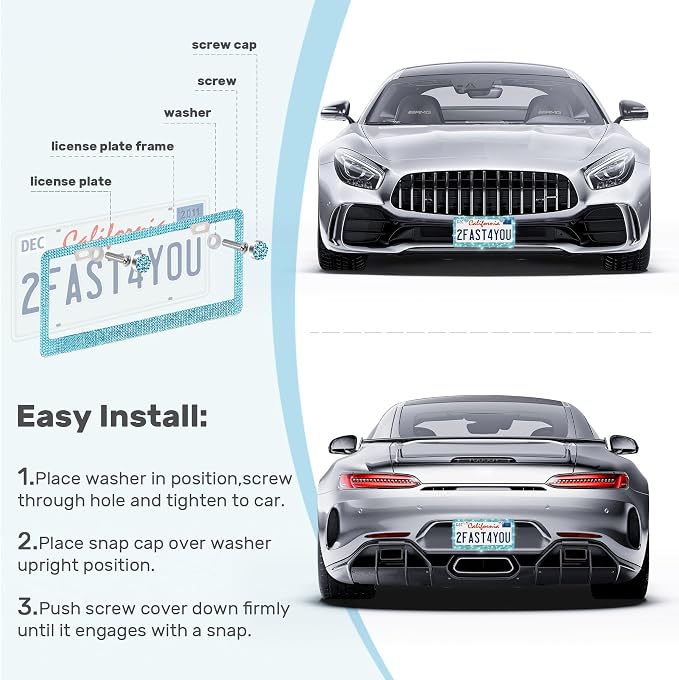 QUANQIUFEI 2 Pack Bling License Plate Frames, Sparkly Rhinestone Diamond Car License Plate Cover for Women, Stainless Steel Car Accessories with Glitter Crystal Caps (Aqua Bohemica)
