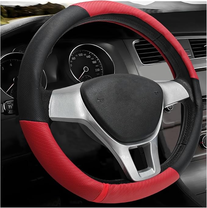 Car Steering Wheel Cover, Breathable Carbon Fiber Wheels Protective Cover Interior Accessories, Universal Anti Slip Protector for Most 14.5-15 Inch Steering Wheels (Red)