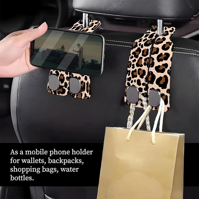 Car Seat Headrest Hook, Universal Leather Cute Hanger Holder Hook, Storage Organizer Interior Accessories for Purse Bags Handbag Luxury Leopard Red