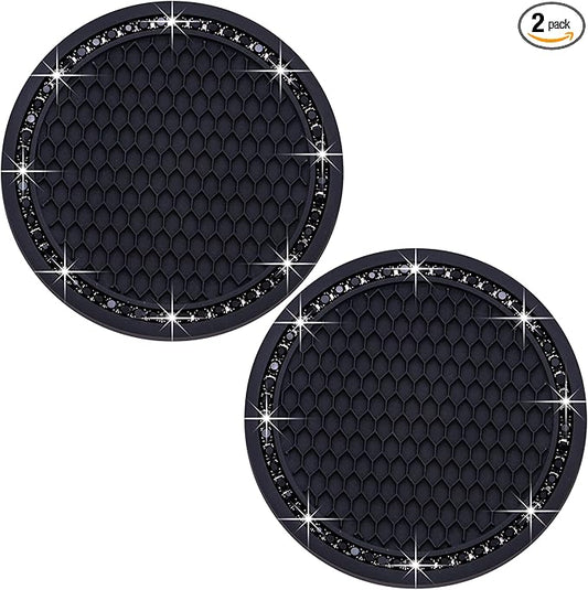 2PCS Bling Cup Holder Coaster, 2.75 Inch Auto Car Cup Holder Insert Coasters, Soft Silicone Anti-Slip Shockproof, Universal Vehicle Interior Accessories for Women Girls (Black)