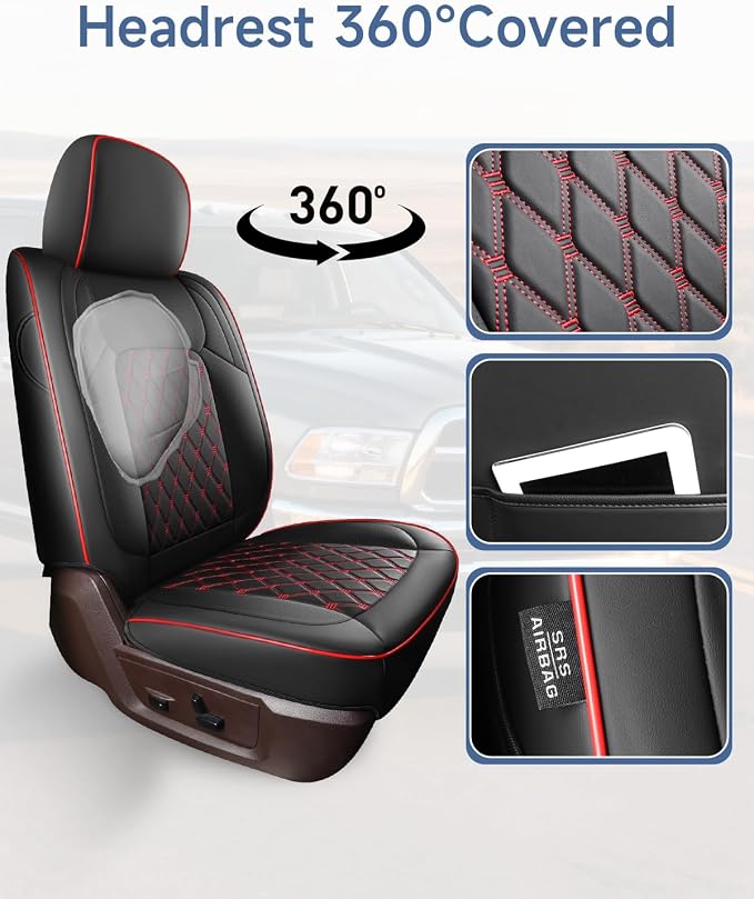 Custom Seat Covers fit for Dodge Ram 1500 2500 3500, Full Coverage Luxury Leather Ram Truck Seat Cover 2009-2025 Compatible with Crew Cab Double Quad Regular (Red, Full Set (Flat Front/Curved Rear))