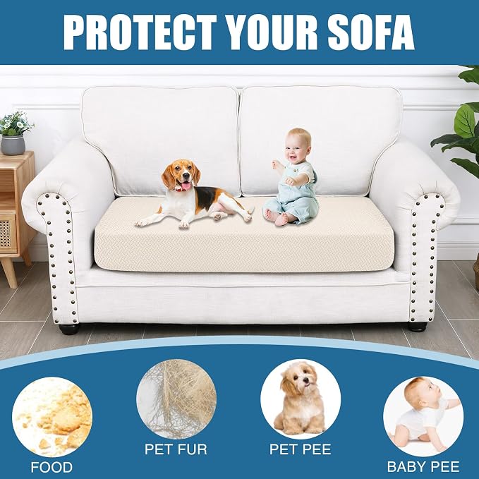 Smiry Waterproof Couch Cushion Covers, Stretch Jacquard Thick Sofa Cushion Covers, Washable Seat Slipcover Elastic Furniture Protector for Pets, Kid (Medium, Light Biege)