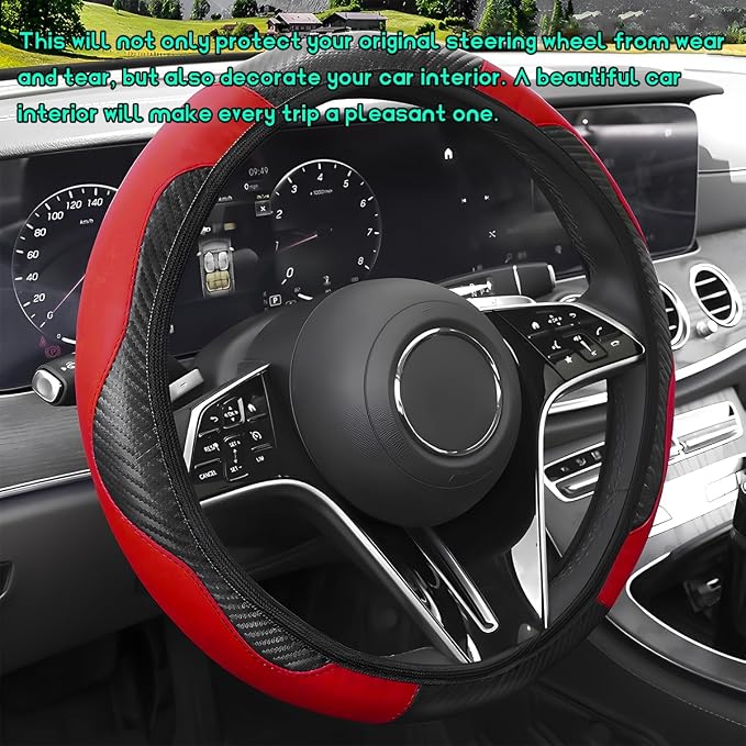 Car Steering Wheel Cover, 15 inch Carbon Fiber Microfiber Leather Elastic Steering Wheel Protector, Breathable Anti-Slip Comfortable Steering Wheel Covers for Most Cars (Black&Red)