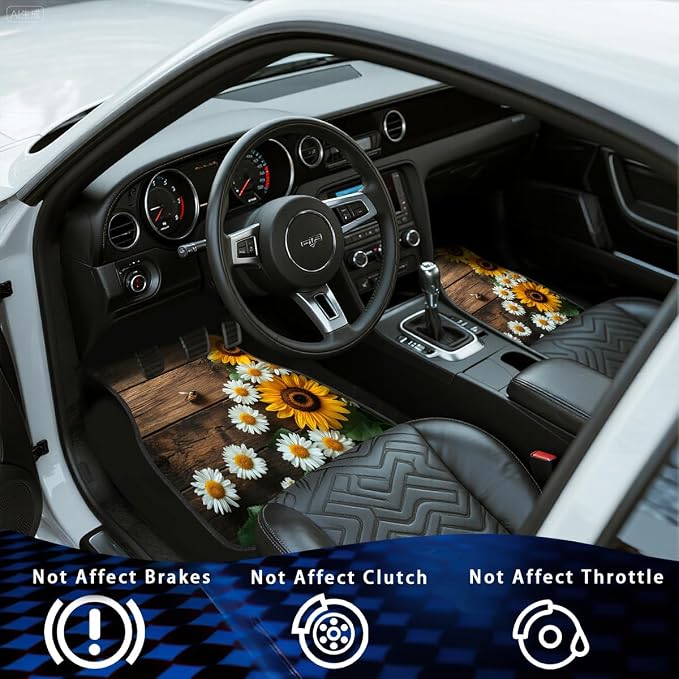 Sunflower Car Floor Mats Set of 4 Vintage Daisy Bee Wood Rustic Automotive Foot Mats Rugs Carpet for Car Non-Slip Auto Car Accessories Universal Fit Car Accessories for Truck