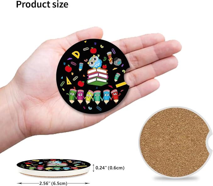 2 Pack Ceramic Cup Holders,Owl and Pencil Pattern Car Coasters Set for Women/Men,2.56" Ceramic Stone & Cork Base Drink Coasters.