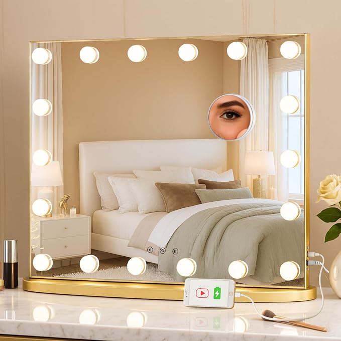 LUXFURNI Vanity Mirror with Lights, 23.6" Hollywood Makeup Mirror Gold | 18 Surround LED Bulbs, 360° Shadow-Free Lighting, 3 Color Modes, USB Charging, Tabletop & Wall Mount for Bedroom Dorm Desk