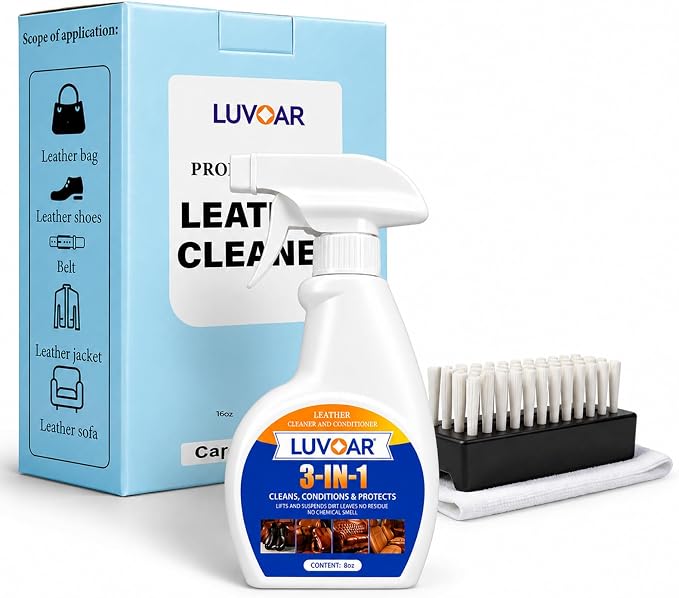 Leather Cleaner and Conditioner 3-in-1 Spray, Use on Leather Furniture, Car Seats, Shoes, Bags, Jackets and Leather Bags with Microfiber Brush & Microfiber Cloth(8 oz Spray Bottle)