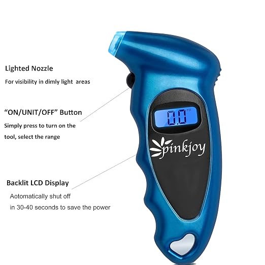 PINKJOY Digital Tire Pressure Gauge 150 PSI, 4 Settings, Tire Gauge for Car, Truck, Motorcycle, Bicycle with Backlit LCD and Non-Slip Grip (Blue)