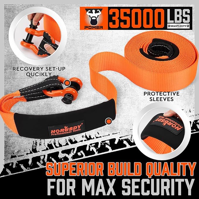 HORUSDY Nylon Heavy Duty Tow Strap Recovery Strap with Hooks 3" x 30Ft - 35,000 LBS Break Strength, 3/4 D Ring Shackles (2pcs), Recover Your Vehicle Stuck in Mud/Snow