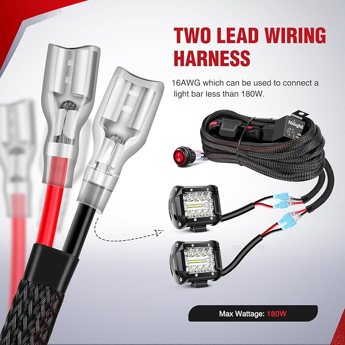 Nilight Wiring Harness Kit Nylon 16 AWG 2 Leads 12 V On Off Switch Power Relay Blade Fuse for LED Light Bar Off Road Lights on Cars Jeep Boat Trucks
