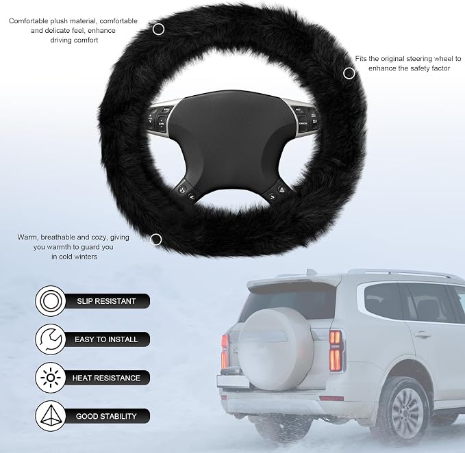 Fluffy Steering Wheel Cover, 15 Inch Anti-Slip Microfiber Plush Fuzzy Steering Wheel Cover, Winter Warm Elastic Fuzzy Steering Wheel Covers for Women and Men, Car Accessories (Black)